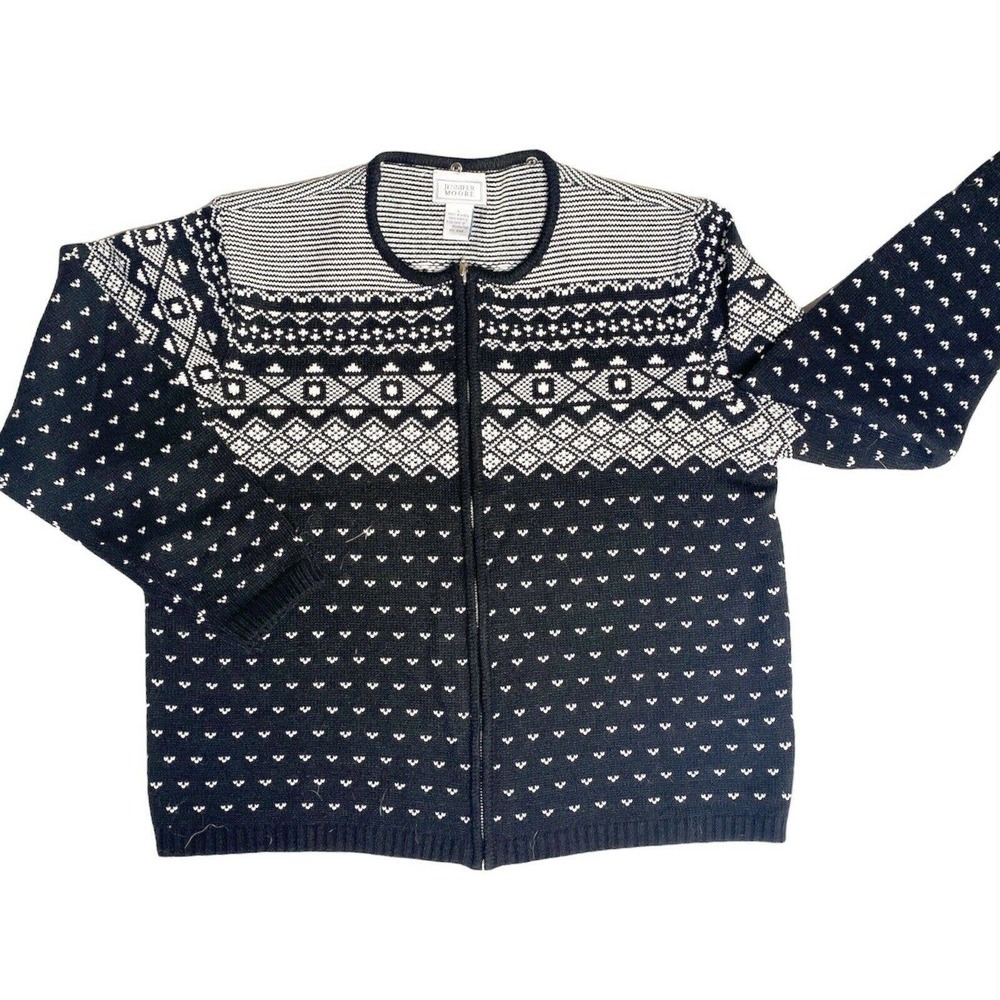 Jennifer Moore VTG Acrylic Cardigan Sweater Women Large Black Full Zip Hong Kong